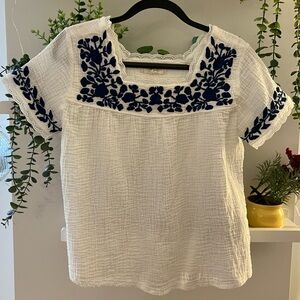 Luna Moon Embroidered White and Blue Women's Top